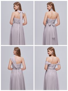 four different views of a woman in a long gray dress with an open back and bow at the neck