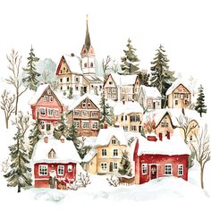 a watercolor painting of houses and trees in the snow with a church on top