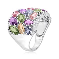 Ross-Simons - 15.20ct t. w. Multicolored Sapphire Ring, .24ct t. w. Diamonds. Size 5. Brimming with beautiful pastel hues, this gemstone ring makes a major statement on color! Here, 15.20 ct. t. w. sapphires stylishly scatter in lovely shades of orange, purple, pink, green and blue between .24 ct. t. w. round diamond borders. Finely crafted in polished 14kt white gold. 3/4" wide. Diamond and multicolored sapphire ring. Sapphire birthstones are the perfect gift for September birthdays. Formal Multicolor Diamond Gemstones, Multicolor Brilliant Cut Sapphire Ring For Formal Occasions, Elegant Multicolor Brilliant Cut Gemstones, Elegant Multicolor Brilliant Cut Sapphire Ring, Oval Multicolor Diamond Gemstones, Multicolor Oval Sapphire Ring With Prong Setting, Multicolor Sapphire Ring With Prong Setting For Formal Occasions, Multicolor Oval Diamond Ring For Formal Occasions, Multicolor Diamond Ring For Formal Events