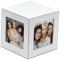 two white cubes with three different pictures on them and one is showing the same woman's face