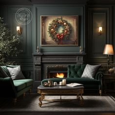 a living room filled with green furniture and a christmas wreath on the fireplace mantel