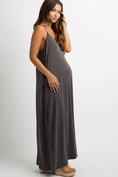 Charcoal Solid Cami Maternity Maxi Dress Outfit Semi Formal, Casual Maternity Outfits, Maternity Maxi Dress, Stylish Maternity Outfits, Cami Maxi Dress, Casual Maternity, Maternity Maxi, Baby Belly, Trendy Maternity