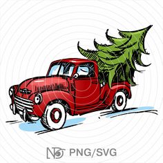 an old red truck with a christmas tree on the back