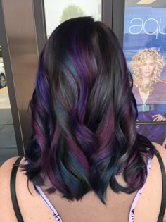 Ash Blue Highlights On Dark Hair, Oil Spill Hair, Oil Slick Hair Color, Birth Colors