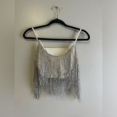 Shein Fringe White Sleeveless Crop Top Cami Size Small Nwot White Camisole Halter Top For Party, White Tank Top For Party, White Cami Halter Top For Night Out, White Halter Top For Night Out, White Sleeveless Camisole For Party, Elegant White Sleeveless Crop Top, White Tank Strap Crop Top For Parties, White Crop Top With Tank Straps For Party, Elegant White Tank Crop Top