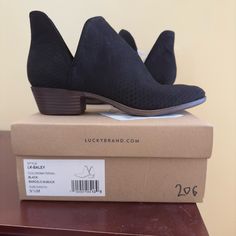 Brand New Never Worn Lucky Brand Booties Black Slip-on Spring Boots, Black Slip-on Boots For Spring, Black Low Heel Booties With Stacked Heel, Black Booties With Stacked Low Heel, Black Closed Toe Booties For Work, Stacked Heel Booties With Medium Width, Black Booties With Reinforced Low Heel, Black Low Heel Booties With Reinforced Heel, Slip-on Booties With Stacked Heel