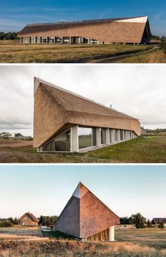 two different views of a building in the middle of an open field with grass on both sides