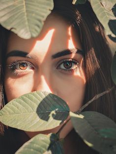 a woman's eyes are shining through leaves