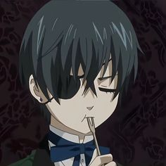 an anime character with black hair and bow tie holding a toothbrush in his mouth