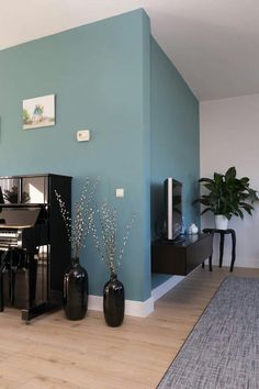 a living room filled with furniture and a piano in front of a blue painted wall