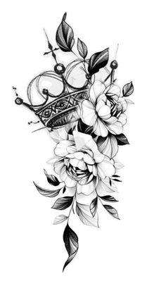 a black and white drawing of flowers with a crown on the top of it's head