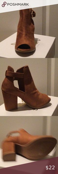 Women’s Booties Never worn booties tan faux suede,open toe,open sides, side buckle opening Top Moda Shoes Ankle Boots & Booties Trendy Open Toe Suede Boots, Brown Booties With Buckle Closure For Spring, Brown Spring Booties With Buckle Closure, Trendy Spring Booties With Buckle Closure, Spring Brown Booties With Buckle Closure, Brown Open Toe Booties For Fall, Casual Brown Open Toe Booties, Brown Synthetic Booties For Spring, Casual Fall Heels With Buckle Closure