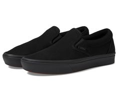 Vans ComfyCush Slip-On - Athletic Shoes : (Classic) Black/Black : Your favorite style just got that much more awesome with the Vans ComfyCush Slip-On sneakers! Casual shoes in a cushioned, slip-on silhouette. Sturdy canvas uppers with allover print. Padded collar and footbed for added comfort, fit, and shock absorption. Cotton drill lining for excellent breathability and extra comfort. Die-cut EVA insert for added support. ComfyCush construction: &amp,#8226, Co-molded midsole/outsole blends comfort with traction, durability, and a heritage sidewall look. &amp,#8226, ComfyCush sockliner, strobel, and midsole feature an updated foam specification for improved comfort and increased rebound. &amp,#8226, Rubber waffle pattern outsole with removed rubber sections reduce weight while increasing f Black Slip-ons With Vulcanized Sole For Streetwear, Comfortable Black Low-top Slip-ons, Black Slip-ons With Textured Sole For Sports, Black Branded Insole Slip-ons For Streetwear, Black Synthetic Slip-ons For Streetwear, Black Low-top Slip-ons With Vulcanized Sole, Black Slip-ons With Branded Insole, Black Slip-ons With Cushioned Footbed For Sports, Black Synthetic Slip-ons With Rubber Sole