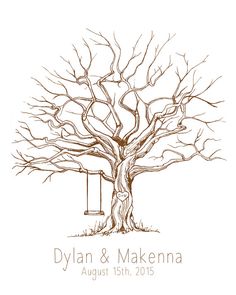 a drawing of a tree with a swing hanging from it's branches and the words, dylan & makenna