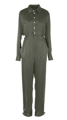 This utility jumpsuit is a chic and practical garment that combines modern style with functional design. The jumpsuit is rendered in a deep olive green colour, providing a versatile and earthy aesthetic. It features a collared neckline and a button-down front with off white buttons. The waistline is cinched with an elastic band, creating a defined silhouette that flatters the figure while maintaining comfort. The trouser, which form the lower part of the jumpsuit, are tailored with an adjustable tapered cuff that can been worn open or closed depending on your shoe choice. Designed in Hong Kong Made ethically in China Fits true to size Sand-Washed Mulberry Silk Small Batch Sustainable Finished with Internal French Seams International Certification: OEKO-TEX Standard 100  Care Guide Dry Clea Khaki Utility Jumpsuits And Rompers For Workwear, Utility Style Khaki Jumpsuit For Work, Khaki Utility Jumpsuit For Work, Green Utility Jumpsuits And Rompers For Work, Green Utility Jumpsuit For Workwear, Green Utility Style Jumpsuit For Work, Chic Khaki Jumpsuits And Rompers For Work, Deep Olive Green, Animal Print Party