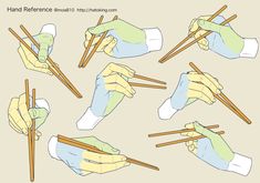 the hands are holding chopsticks in different positions