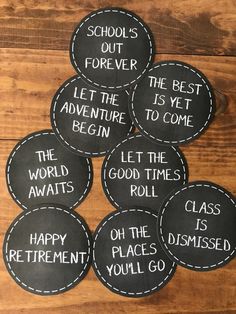 six black and white chalkboard coasters with the words school's out forever