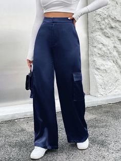 Women's Casual Solid Color Wide Leg Cargo Pants Navy Blue Casual   Woven Fabric Plain Wide Leg Non-Stretch  Women Clothing, size features are:Bust: ,Length: ,Sleeve Length: Blue Full-length Cargo Pants For Fall, Blue Non-stretch Pants With Side Pockets, Blue Stretch Pants With Cargo Pockets, Stretch Blue Pants With Cargo Pockets, High Waist Navy Pants With Pockets, High-waisted Blue Cargo Pants, Blue Cargo Bottoms For Fall, Navy High-waist Pants With Pockets, Navy High Waist Pants With Pockets