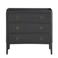 a black dresser with three drawers and gold knobs on the bottom, against a white background