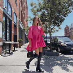 Pink Bubble Dress, Pink Person, Ashley Brooke, Bubble Gum Pink, Baby Doll Dress, Bubble Dress, Pink Outfit, Work Attire, Boots Outfit