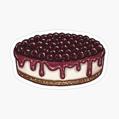 a cake covered in chocolate and cherries on top of a white surface sticker