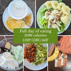 a collage of pictures showing different foods and the words full day of eating 1909 calories