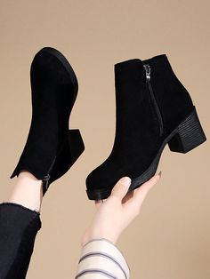 Black Boots For Teenagers, Fashionable Comfortable Thick-Heeled Short Boots For Height Increase Black         Teen Shoes, size features are:Bust: ,Length: ,Sleeve Length: Combat Boots Heels, Teen Boots, Church's Shoes, Black Chunky Heels, Classy Shoes, Shoes Teen, Chunky Heels Boots, Casual Flat Shoes, Black Boots Women