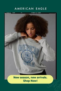 Super soft fleece/Crew neck/Ribbed cuffs & hem Gray College Style Sweatshirt For Fall, Varsity French Terry Sweatshirt For Fall, Fall Varsity Sweatshirt In French Terry, Collegiate Hoodie With Relaxed Fit For Fall, Collegiate Fall Hoodie Relaxed Fit, Collegiate Sweater For Loungewear In Fall, Fall Collegiate Sweater For Loungewear, Trendy College Sweater With Ribbed Cuffs, Collegiate Style Sweater For Fall Loungewear