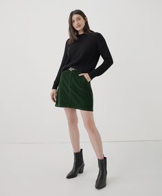 Women’s Clearance Classic Corduroy Skirt made with Organic Cotton | Pact Green Courderoy Skirt Outfit, Green Corduroy Skirt Outfit, Corduroy Skirt Outfit, White Striped Skirt, Green Mini Skirt, Skirt Trends, Carbon Neutral, Corduroy Skirt, Green Skirt