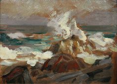 an oil painting of waves crashing on the rocky shore with white foamy clouds in the sky