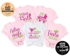 Fiesta Bachelorette Party Shirts, My Final Fiesta Shirt,  Nacho Average Bride, Margarita Shirts, Mexico Bachelorette, Custom Bridal Party  How - To - Order - Select Your Shirt Style  - Select Your Shirt Color - Select Your Design (Personalization Box) If Applicable - Select Your Quantity - Add Item to Your Cart -- If You Will have more than one shirt you can add them to your cart one by one so you can have one order. -- If Shown picture was 2 shirt you must add both to the cart. Production & Shi Pink Party Tops For Festivals, Pink Long Sleeve Tops For Festivals, Pink Crew Neck Shirt For Party, Fitted Short Sleeve Tops For Fiesta, Fiesta Bachelorette Party Shirts, Nacho Average Bride, Fiesta Bachelorette Party, Mexico Bachelorette, Margarita Shirt