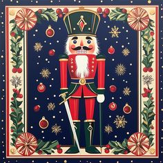 a painting of a nutcracker with christmas decorations