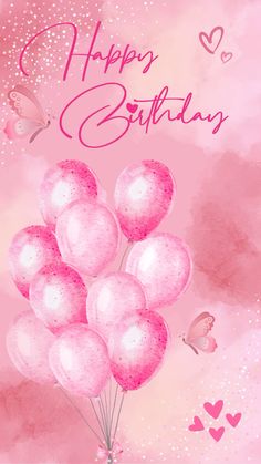 a pink birthday card with balloons and butterflies on the side, in front of a watercolor background