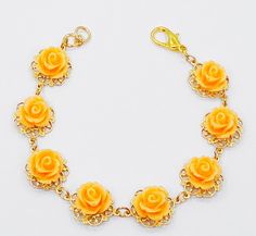 Tangerine  Orange Rose Blossom flower Bracelet by crushjewels Tangerine Orange, Retro Jewelry, Orange Roses, Gold Filigree, Flower Bracelet, Chic Boutique, Diy Hair Accessories, Blossom Flower, Vintage Chic