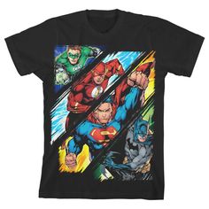 the justice league t - shirt is shown in black and features superman, green lantern, flash