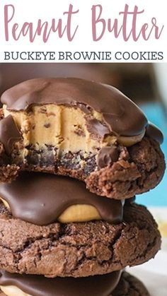 three chocolate peanut butter buckeye brownie cookies stacked on top of each other with one cookie in the middle