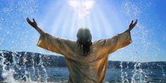 a painting of jesus in the water with his arms spread wide open and hands outstretched