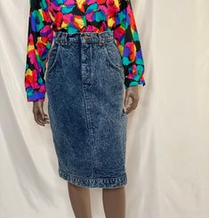 "Measurements laying flat  waist: 13.5\" hips: 19.5\" length: 26.5\"" Retro High-waist Denim Skirt, Vintage Denim Skirt For Spring, Retro High Waist Medium Wash Skirt, Vintage Denim Skirt In Denim Blue, Blue Fitted Skirt 90s Style, 90s Style Fitted Blue Skirt, Fitted Blue Skirt In 90s Style, 90s High-waist Blue Denim Skirt, Fitted Retro Denim Skirt