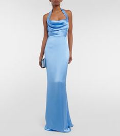 Draped halterneck satin gown in blue - Rasario | Mytheresa Halter Neck Satin Dress For Wedding, Silk Evening Dress With Fitted Bodice And Halter Neck, Formal Halter Neck Evening Dress With Ruched Bodice, Backless Satin Halter Dress For Wedding, Silk Halter Dress With Back Opening For Wedding, Silk Halter Neck Prom Gown, Halter Neck Satin Dress For Prom, Silk Halter Neck Formal Gown, Satin Halter Neck Dress For Gala