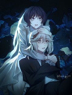 two anime characters sitting next to each other in front of a dark background with blue leaves