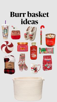 a basket filled with lots of different types of christmas decorations and items in front of the words, bur basket ideas