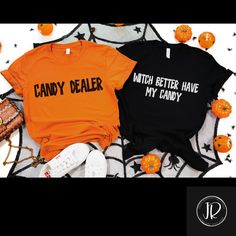 Get into the spooky spirit with these fun Halloween Couples Shirts featuring "Witch Better Have My Candy" and "Candy Dealer" designs. Perfect for those looking for unique Halloween matching sweatshirts or his and hers spooky tees, these are great for parties or trick-or-treating. Show off your Halloween style with these playful ghost boo t-shirts, a must-have for couples who love to coordinate their costumes! See our other designs at https://jollyrodgerscreation.etsy.com  Welcome to Jolly Rodger Couple Halloween Shirt Ideas, Funny Halloween Tops With Text, Halloween Novelty Tops With Funny Text, Halloween Novelty Shirt With Letter Print, Novelty Halloween Shirt With Letter Print, Halloween Crew Neck Top With Funny Text, Halloween Novelty Tops With Letter Print, Funny Halloween Tops With Letter Print, Casual Halloween Tops With Funny Text