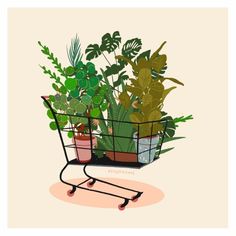 a shopping cart filled with potted plants