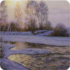 a painting of snow covered ground with trees in the background and water running through it