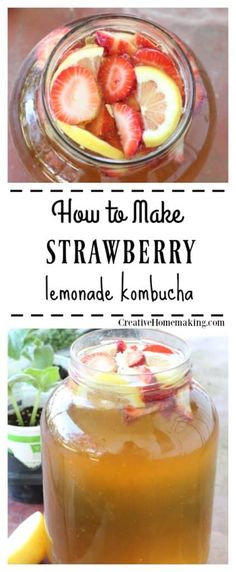 how to make strawberry lemonade kombucha in a mason jar with text overlay