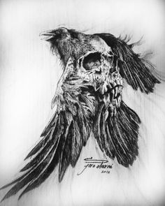 a drawing of a bird with its wings spread out and skull in the middle of it