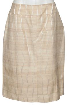 "GUARANTEED AUTHENTIC SALVATORE FERRAGAMO CREAM IRIDESCENT SKIRT Matching Jacket Available For Sale In A Separate Listing Design: - Cream light iridescent textured knee length skirt. - Yoke waist. - Rear vent. - Side zipper closure. - Lined. Fabric: 100% Silk; 100% Rayon Lining Size: US14, I48 Measurements (Approximate laid flat): - Waist: 16.75\" - Hip: 20\" - Total Length: 23.5\" (from front center waist line to bottom front center hem) To Our Customers: -We consider it a privilege to serve as your luxury fashion concierge. Whether you are looking to buy that special one-of-a-kind item, (that no one else can find), scoring a spectacular deal on a pre-owned gem or updating your own style by consigning your items, please don't hesitate to contact us. Remember, You Deserve No Less! Conditio Iridescent Skirt, Skirt Knee Length, Sterling Silver Cuff Bracelet, Light Stain, Knee Length Skirt, Salvatore Ferragamo, Stripes Pattern, Side Zipper, Knee Length