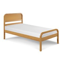 a wooden bed frame with no sheets on it