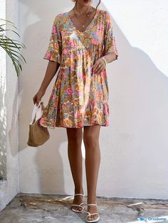 Orcajump - Floral Print Ruched Dress, Vacation Ruffle Trim Half Sleeve Dress, Women's Clothing Casual Boho Ruffle Dress For Vacation, Casual Boho Ruffled Dress For Vacation, Casual Boho Dress With Ruffles For Vacation, Multicolor Floral Beach Dress With Ruffle Hem, Multicolor Floral Dress With Ruffle Hem For Beach, Casual Boho Dress With Ruffles For Brunch, Casual Boho Dress With Ruffles For Day Out, Casual V-neck Floral Dress With Ruffle Hem, Casual Printed Boho Dress For Brunch