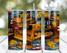 two tumblers with construction vehicles on them and the words chase written in yellow letters